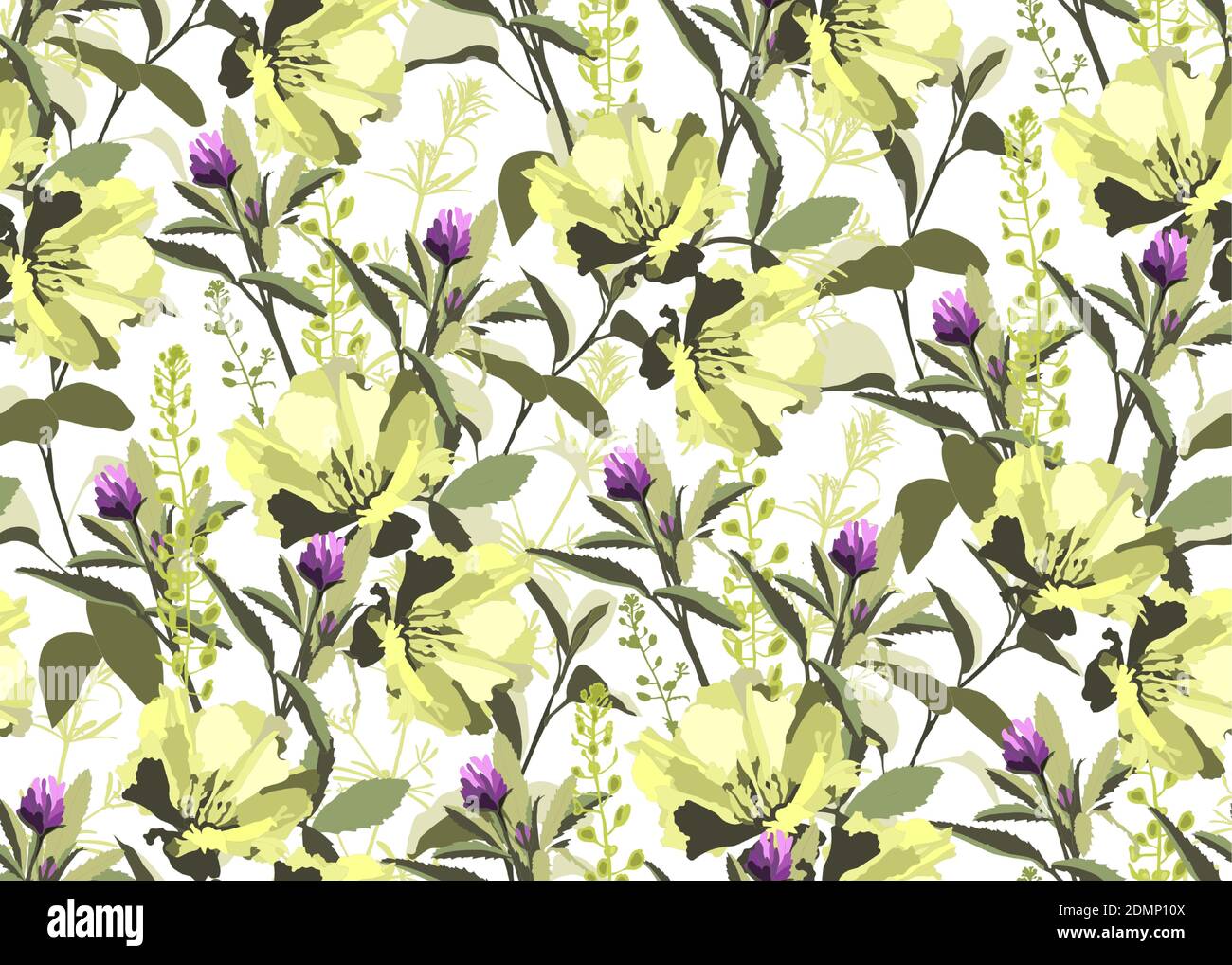 Vector floral seamless pattern. Yellow flowers, green leaves Stock ...