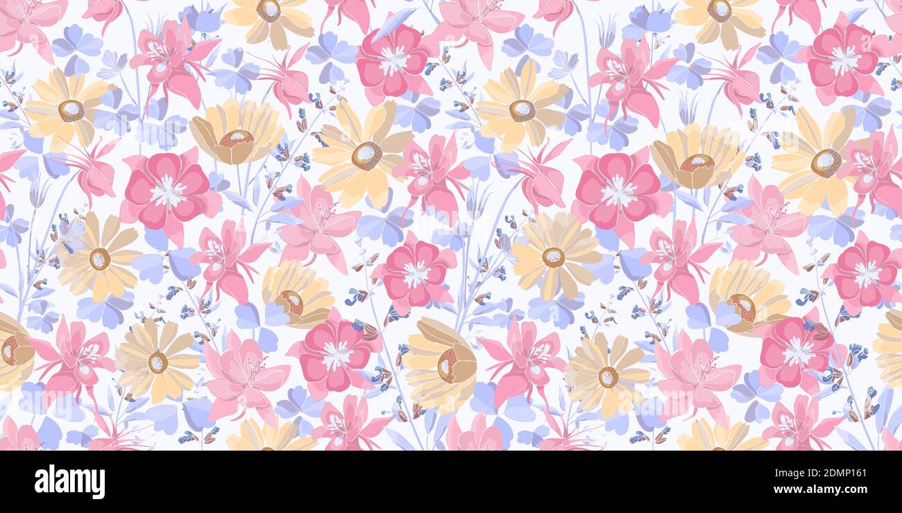 Vector floral seamless pattern. Pastel flowers and leaves Stock Vector ...