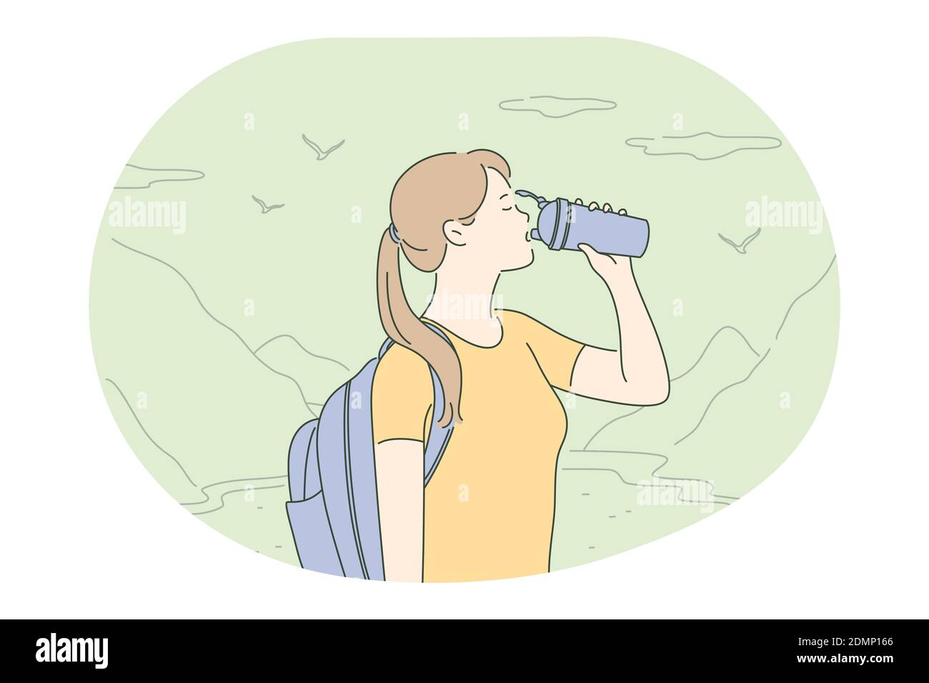 Hiking, traveling on nature, mountain tourism concept. Young girl