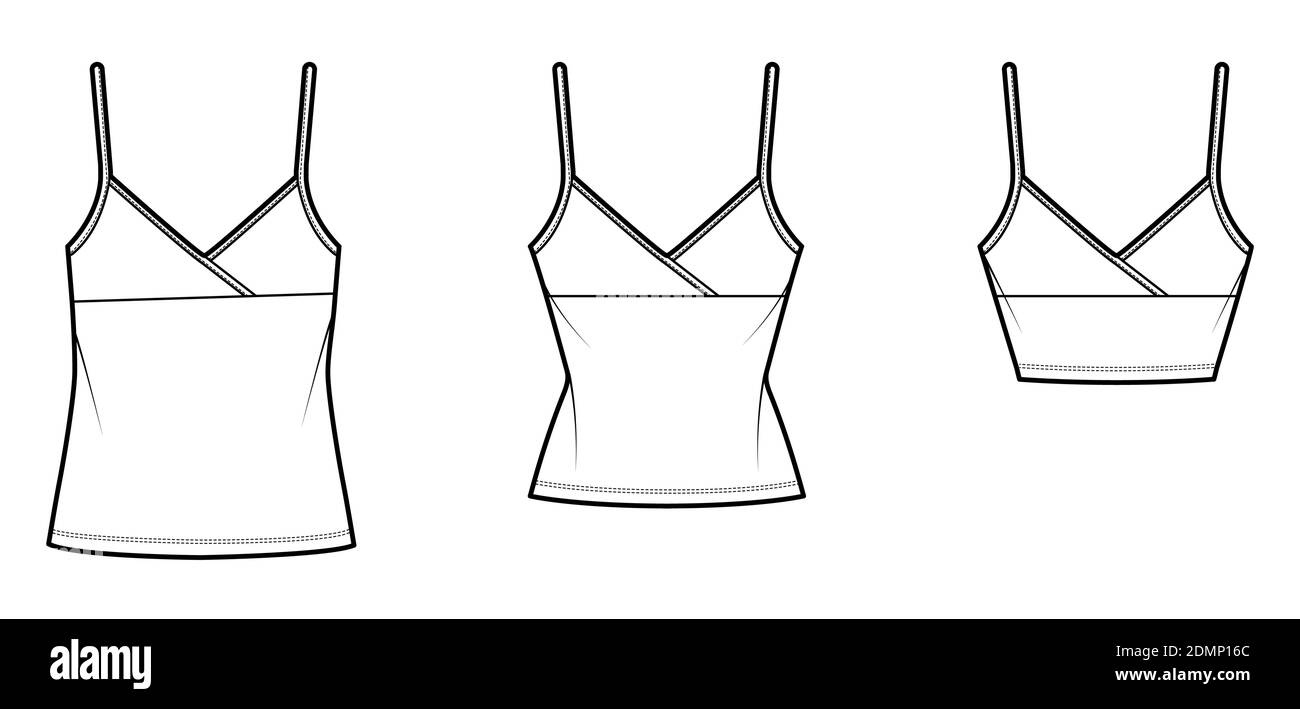 Set of Camisoles surplice tank top technical fashion illustration with  empire seam, adjustable straps, slim or