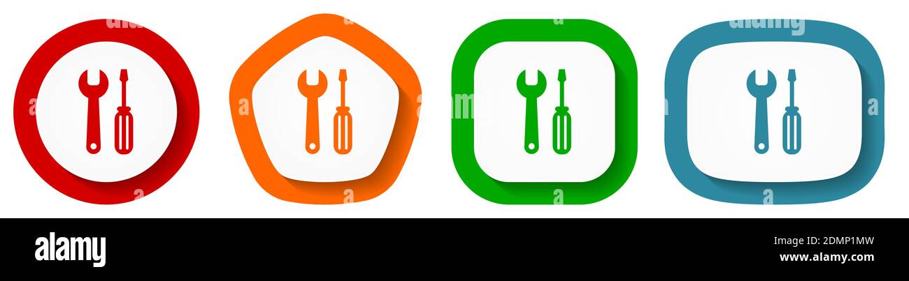 Tool vector icon set, wrench and screwdriver flat design buttons on white background Stock Vector