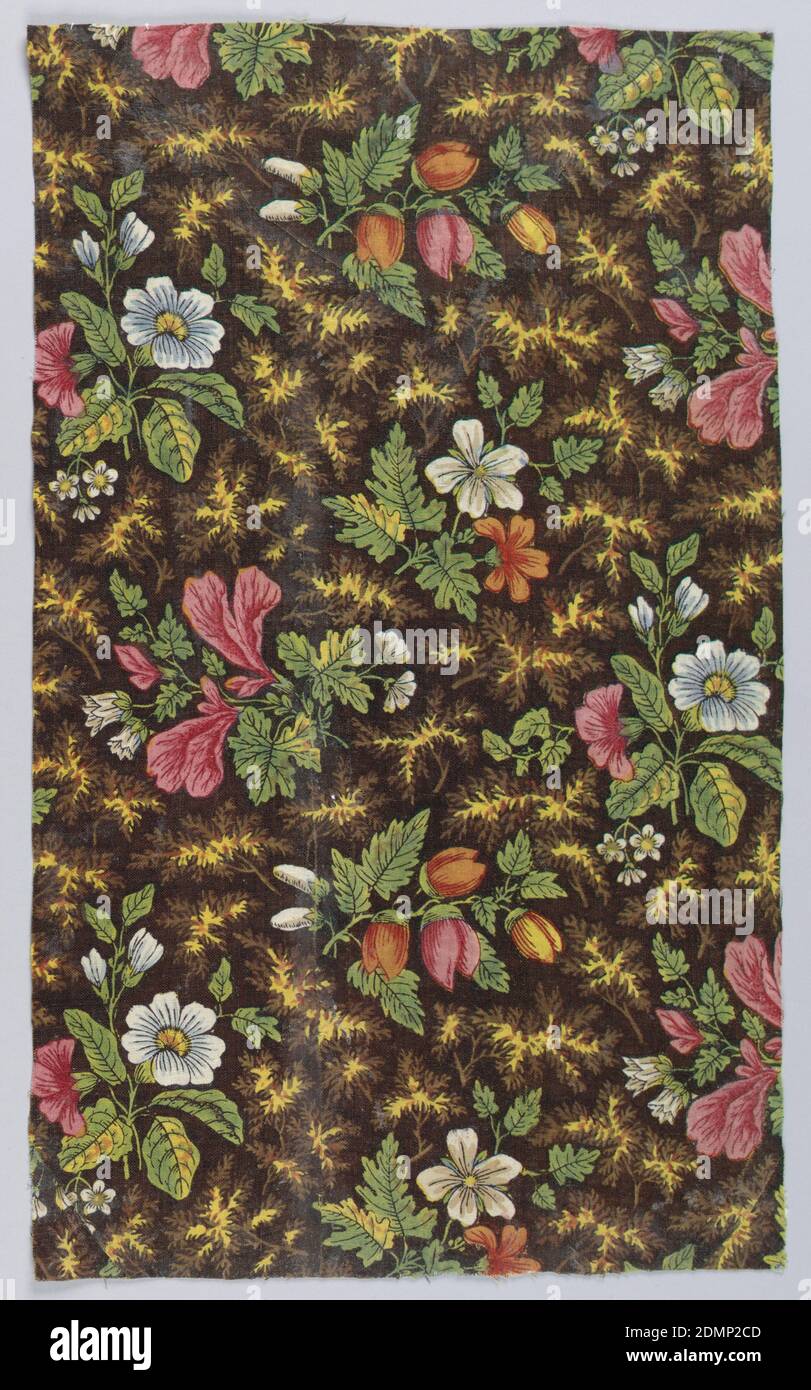 Textile, Medium: cotton Technique: block printed with additional colors applied by brush on a plain weave foundation, Clusters of naturalistic flowers in blue and white, pink and red, surrounded by green leaves with yellow veining on a dark brown ground., France, late 18th century, printed, dyed & painted textiles, Textile Stock Photo