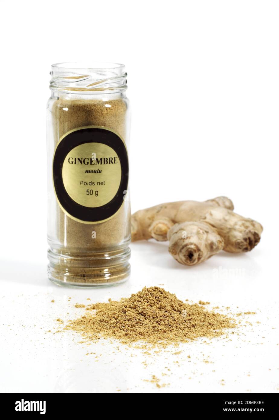 Ginger Powder and Root, zingiber officinale against White Background