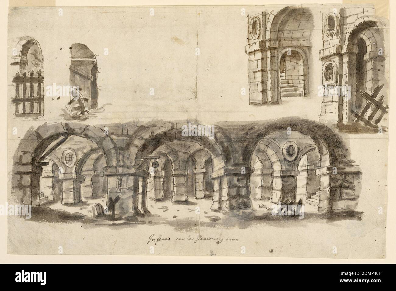Stage Design, Prison Cellar, Pen and brown ink, brush and sepia wash on paper; verso: graphite, Horizontal rectangle. At bottom, prison cellar vaulted, two stairs leading up. Details of barn, stairs, and torture instruments at upper left and upper right., Italy, 18th century, theater, Drawing Stock Photo