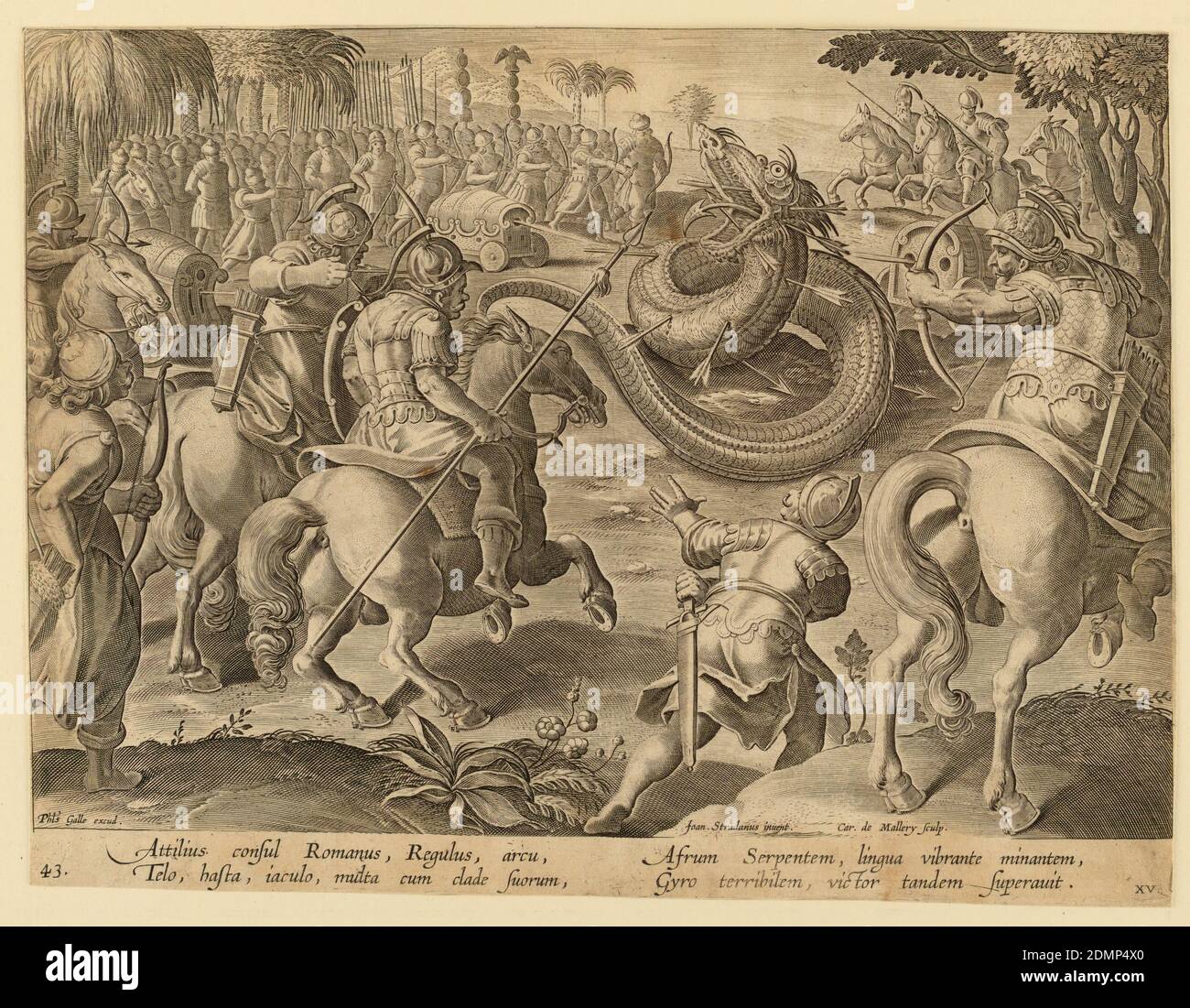 The Roman Consul Attilius Regulus Fighting a Giant African Serpent, plate 25 in the Venationes Ferarum series, Jan van der Straet, called Stradanus, Flemish, 1523–1605, Karel van Mallery, Philips Galle, Flemish, 1537 - 1612, Engraving on paper, Horizontal rectangle. The serpent is in the center of the composition, middle ground, surrounded by foot-soldiers and horsemen firing cannon and arrows at him. At lower left: 'Phls Galle excud.'; near lower right: 'Joan Stradanus inuent. / Car. de Mallery Sculp.' Below: 'ATTILIUS CONSUL ROMANUS.', Netherlands, 1596 or after, figures, Print Stock Photo