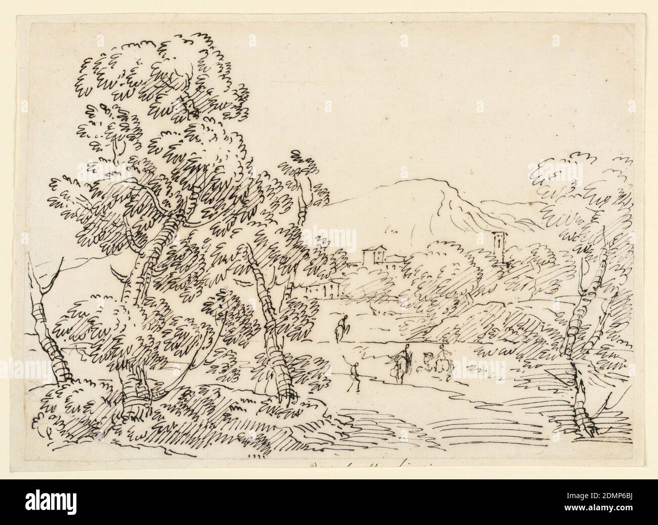 Wooded Landscape, Carlo Marchionni, Italian, 1702–1786, Pen and ink on paper, Riders cross a brook toward a village, which is partly viable behind and above trees., Italy, 1750–1770, landscapes, Drawing Stock Photo