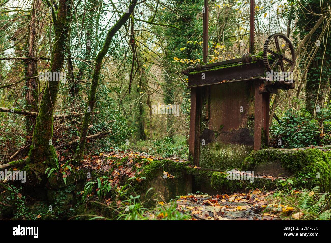 Old Sluice gate at the abandoned Fussells ironworks in Mells, Somerset, Uk Stock Photo