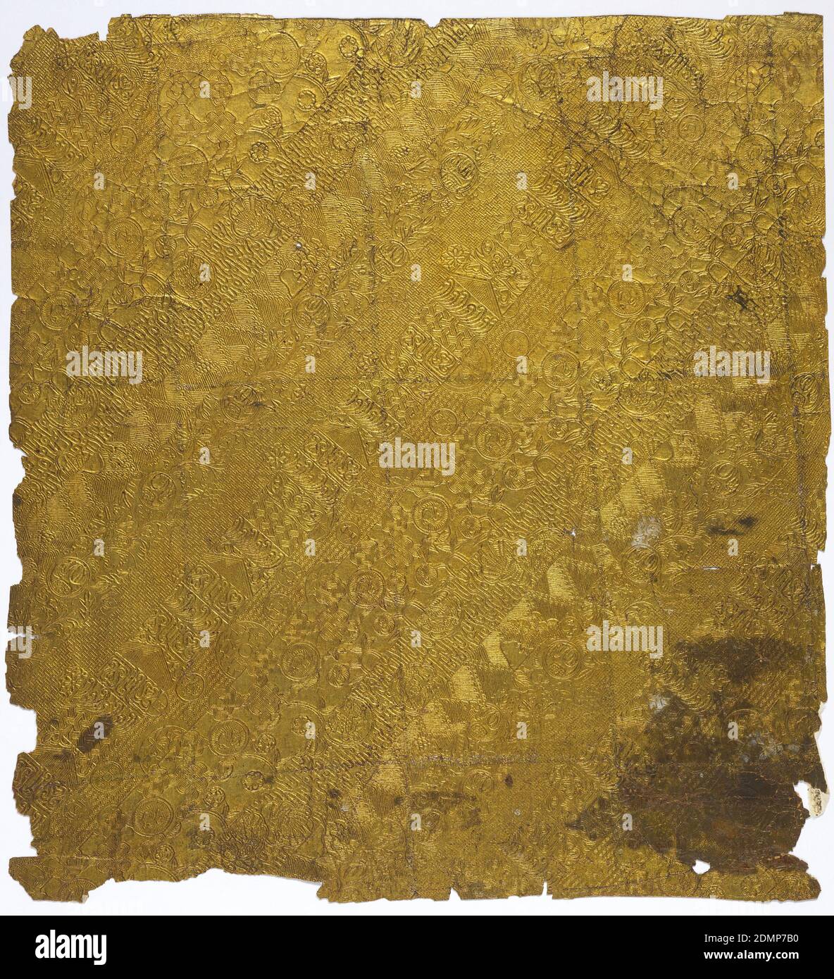 Sidewall, Gilded paper, embossed, Imitation leather. The design is composed of continuous parallel diagonal bands of ornament. There are eight different bands before the repeat. Each band is of Chinese inspired motifs, largely of fret work designs, small floral motifs and geometric patterns. This imitation leather paper is made from the pulp of the bark of the mulberry tree. It is covered with Dutch foil which is gilded and lacquered., Japan, 1875–85, Wallcoverings, Sidewall Stock Photo