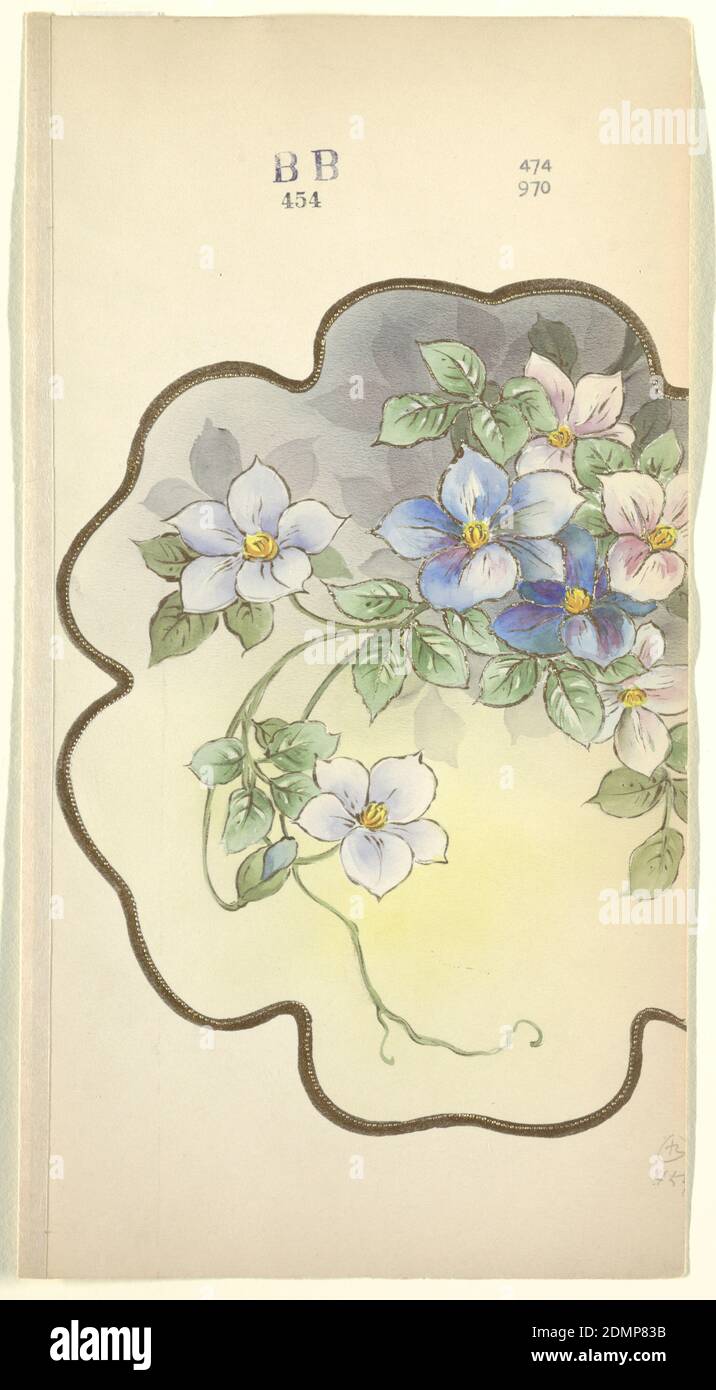 Design for a Plate, Brush and watercolor, gold gouache, graphite on cream paper, Partial gold frame in shape of a flower containing a group of pink, blue, and purple flowers with green leaves and tendrils., Japan, 1880–1910, tableware designs, Drawing Stock Photo