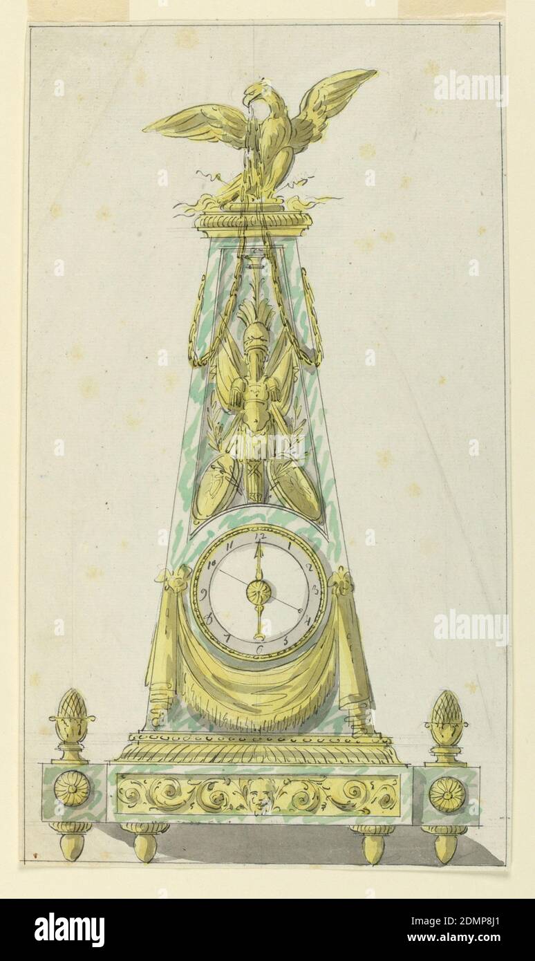 Design for a Mantel Clock, Graphite, pen and ink, brush and watercolor on paper, Design for a marble and bronze clock. The clock is set in a marble case, a truncated pyramid in shape, mounted on a marble and bronze plinth. Below the dial a bronze swag, above the dial an escutcheon. An eagle at apex with outstretched wings, with chains suspended from his beak., France, 1780–90, timepieces & measuring devices, Drawing Stock Photo