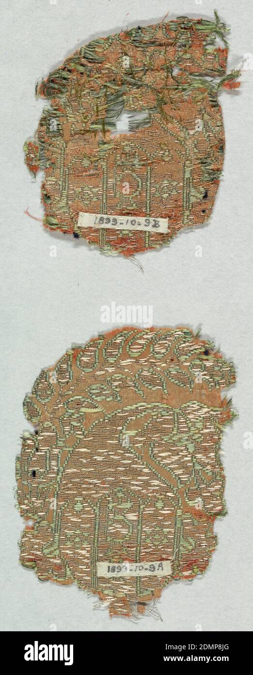 Fragment, Medium: silk, metallic thread Technique: plain satin weave with supplementary weft, Iran, 18th century, woven textiles, Fragment Stock Photo