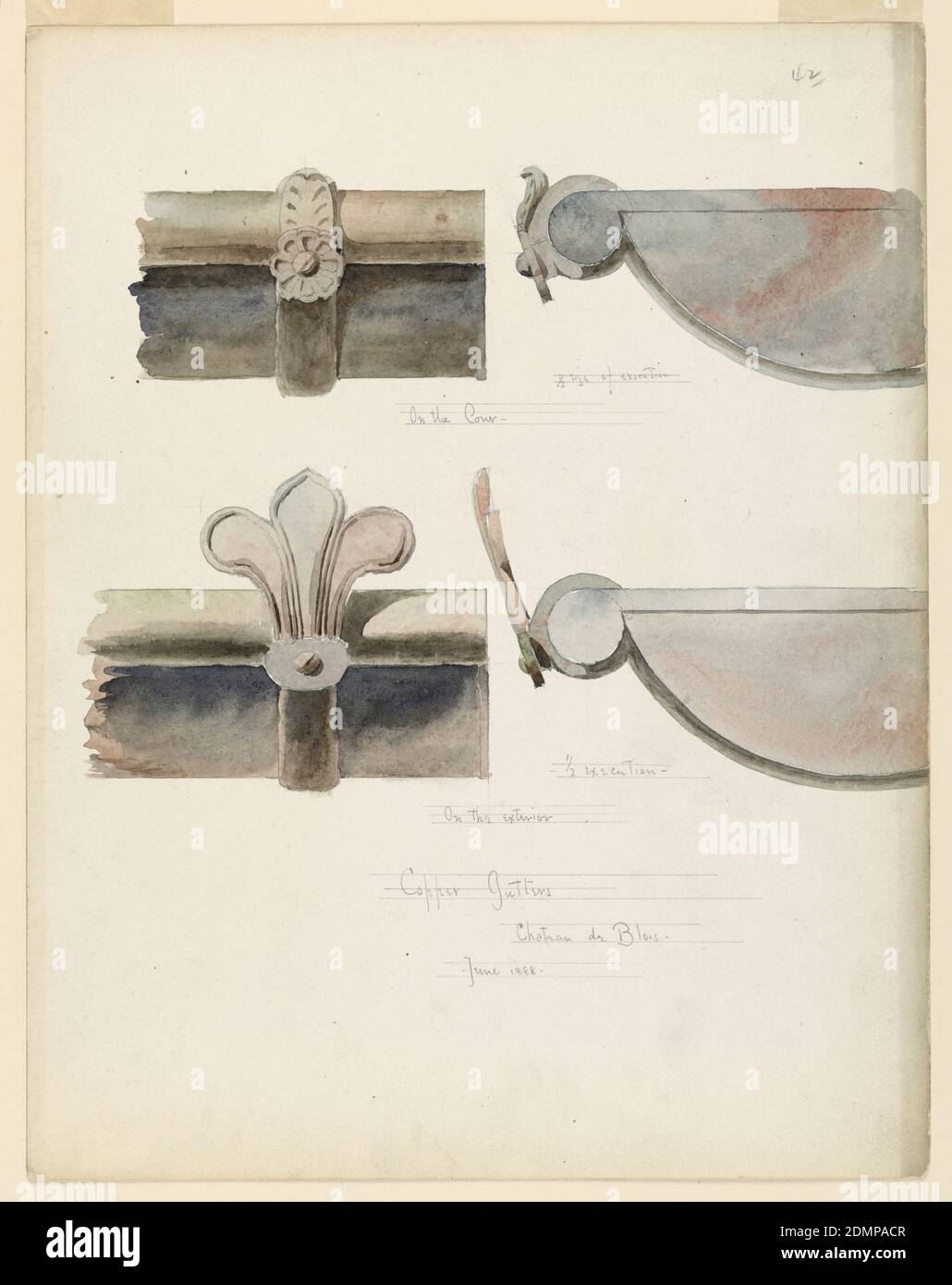 Two Copper Gutters, from a 16th-Century Castle, Blois, France, Whitney Warren Jr., American, 1864–1943, Graphite, brush and watercolor on paper, Left, the brackets of two gutters are shown; upper decorated with a rosette and a leaf, lower decorated with the top part of a lily. Shown in profile with the closed ends of the pipes., USA, June 1888, ornament, Drawing Stock Photo