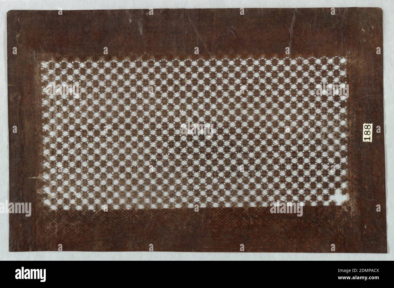 Crosshatching Motif, Mulberry paper (kozo washi) treated with fermented persimmon tannin (kakishibu), and silk threads (itoire), A repeated crosshatching design in the form of a checkered board creates this geometric motif. The top left corner is damaged. The overall condition of this stencil appears to be worn down., Japan, mid 18th - early 19th century, textile designs, Katagami, Katagami Stock Photo
