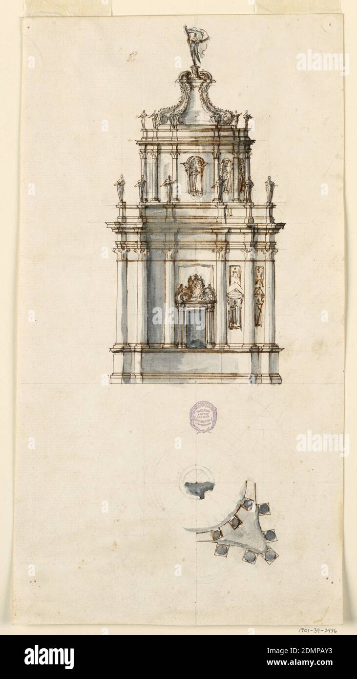 Project for a tabernacle, Filippo Marchionni, Italian, 1732–1805, Black chalk, pen, brush, ink and gray watercolor on paper, Vertical composition of a tabernacle. Top: The elevation of the facade of a church with a dome. Below is a dado, the plan of which is concave, as is that of the first story. The second story is convex. A pedestal with a statue of the Arisen Christ is on top. Statues stand on the entablature of both stories. The panels of the right sides of either story are decorated with statues in niches, as one stands in the central panel of the upper story. Stock Photo