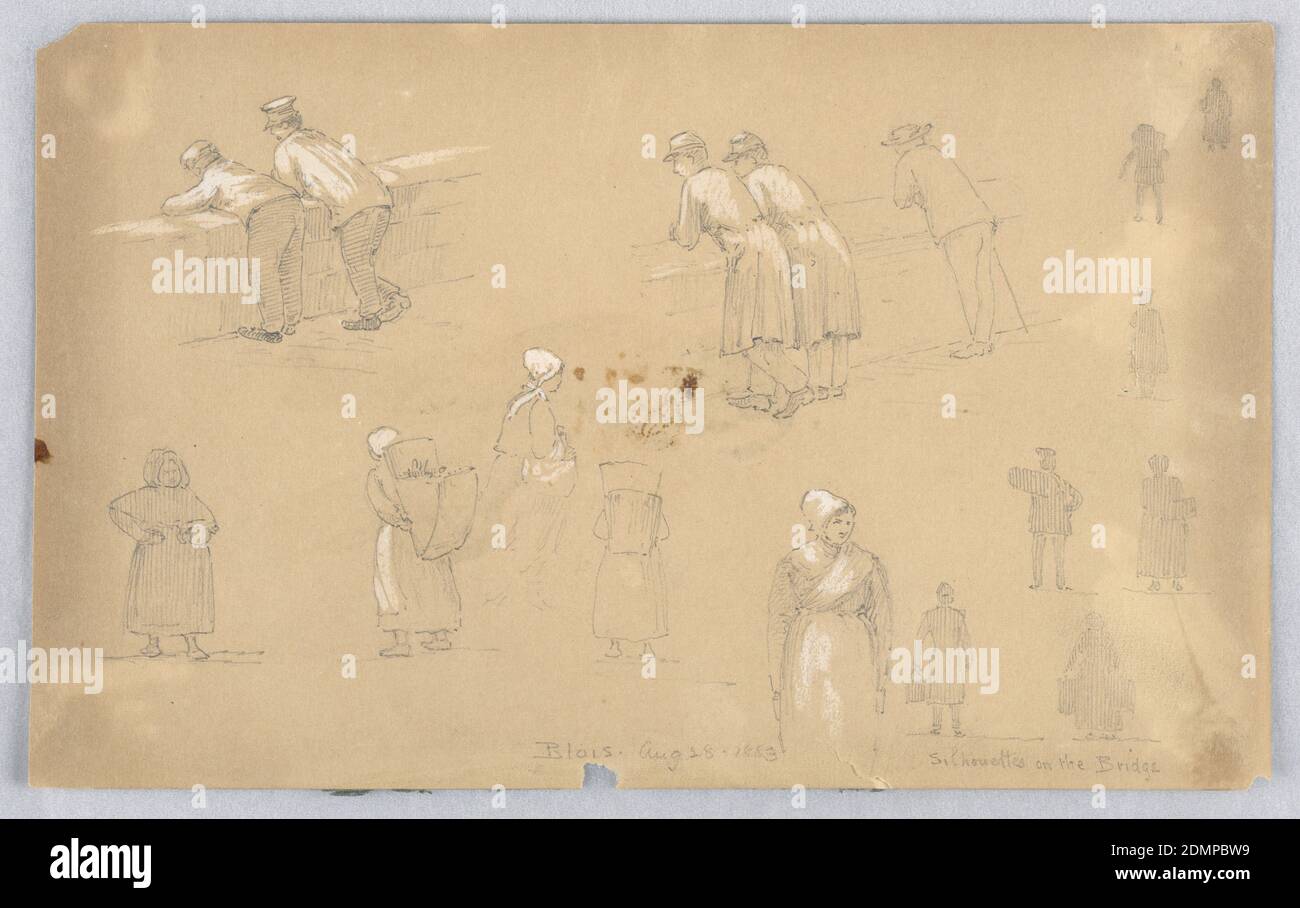 Silhouettes on the Bridge, Arnold William Brunner, American, 1857–1925, Graphite and white heightening on grey-brown paper, Various figures, top men overlooking a wall. Bottom, women on the way to market, silhouettes on a bridge, right., USA, 1883, figures, Drawing Stock Photo
