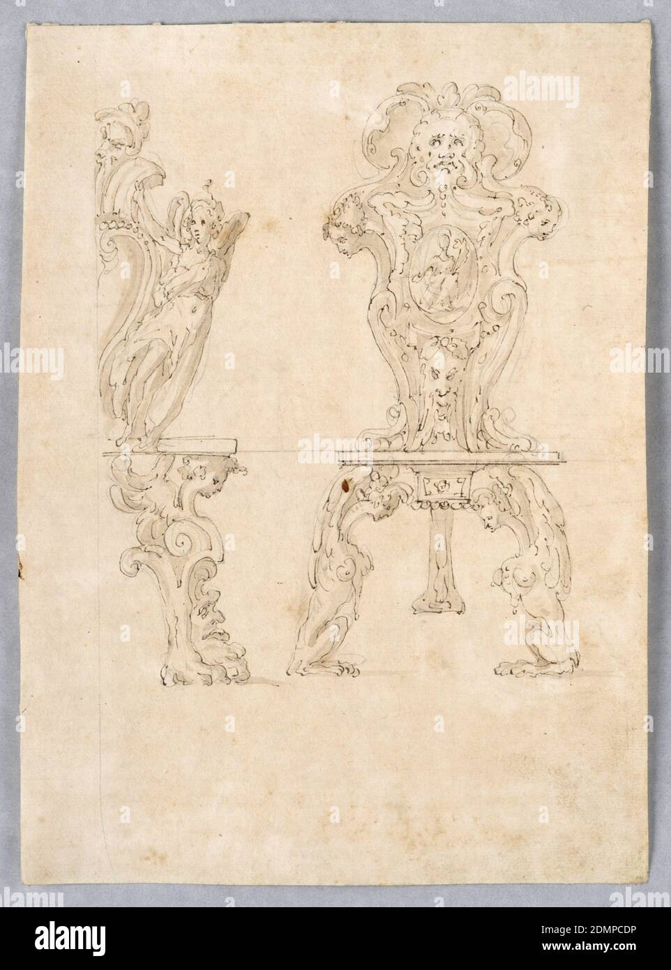 TWO CHAIRS, Unknown, pen and brown ink with brown wash and traces of graphite, Italy, Italy, ca. 1580, furniture, Drawing Stock Photo
