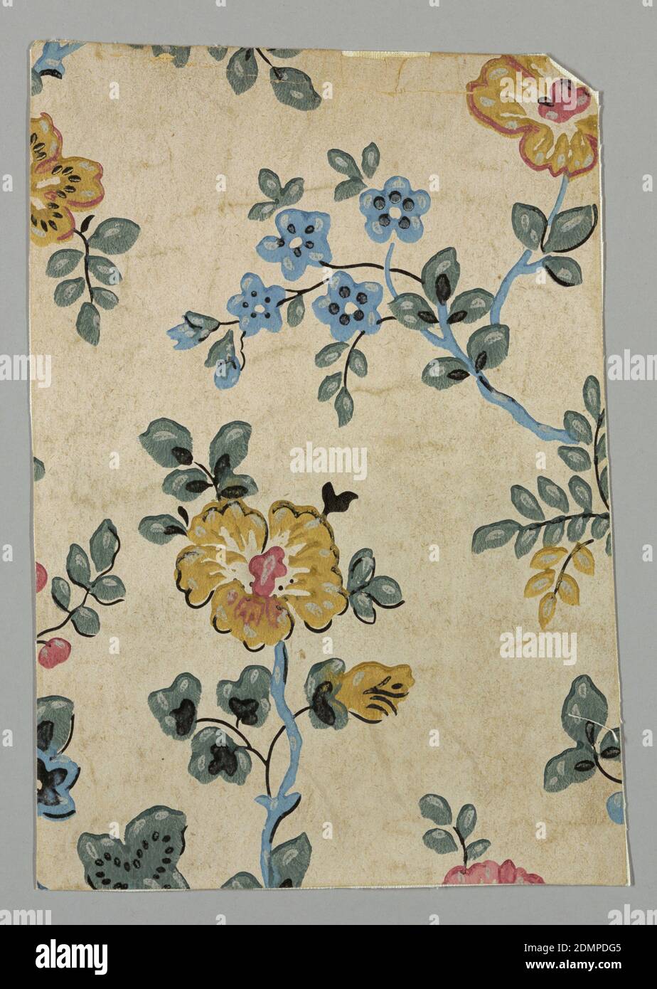 Sidewall, Machine-printed, Assymetrical design of scattered sprays of flowers. Blue forget-me-nots andlarger single petalled flowers all growing from one branch., USA, 1850–1900, Wallcoverings, Sidewall Stock Photo