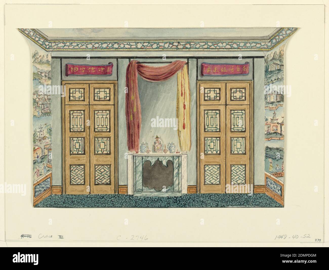 Interior With Chinese Wallpaper Frederick Crace English 1779 1859 Pen And Black Ink Brush And Watercolor On White Wove Paper Silhouetted Horizontal Rectangle Design For The Royal Pavilion Brighton The Wall Facing The
