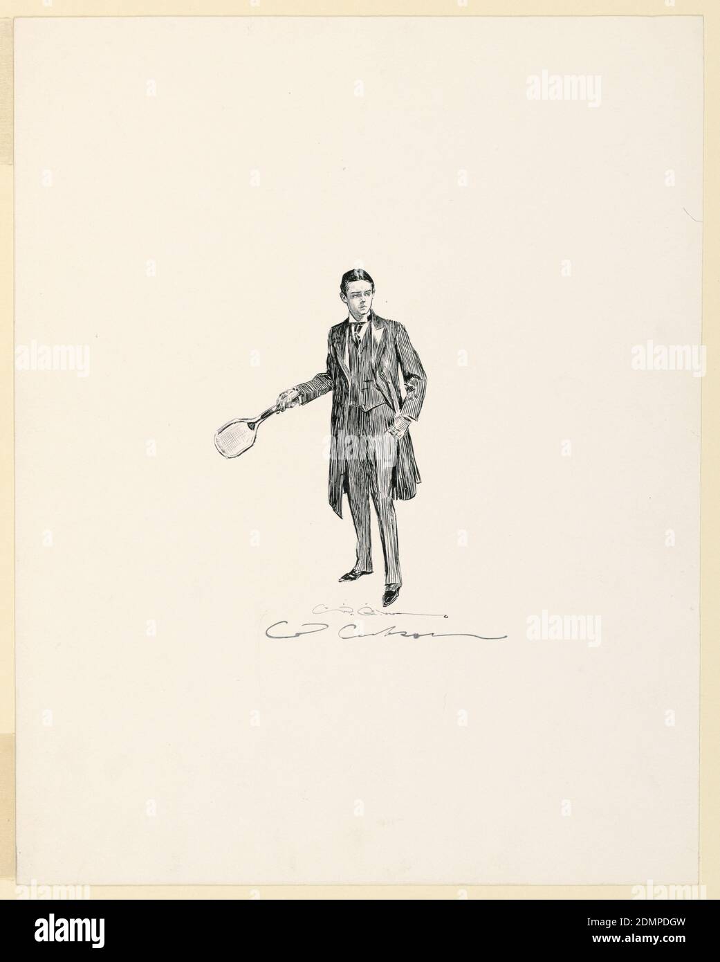 Play, Charles Dana Gibson, American, 1867–1944, Ink on paper, Trial proof for illustration. A young man in frock coat and wing collar is shown standing frontally, a tennis racquet in his right hand., USA, 1895, figures, Print Stock Photo