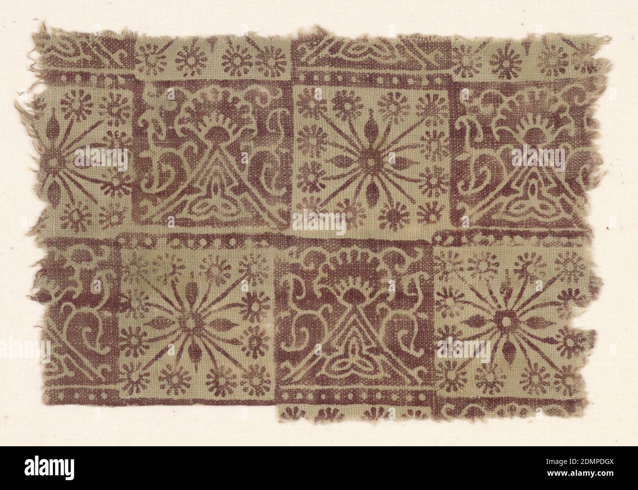 Fragment, Medium: cotton Technique: block-printed on plain weave, Checkerboard layout of squares with stylized floral rosette in dull red on undyed ground alternating with dull red square with line reserve of profile lotus and leaf rising from triangle base., India, 14th–15th century, printed, dyed & painted textiles, Fragment Stock Photo