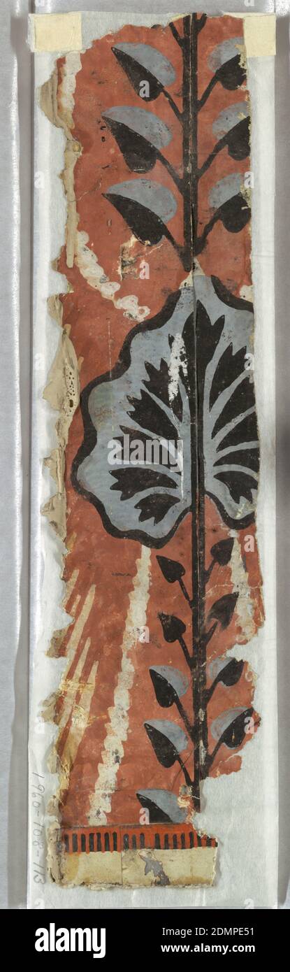 Sidewall - fragment, Block-printed on handmade paper, a) Vertical motif of stem with small black and blue leaves alternating with large blue leaves with black petals on a terra cotta ground, and enclosed by tear-shaped white lines. On sides of vertical element are diagonal white lines suggesting draped curtains; b) Same as 'a' except with remains of red-orange, black and white border; c) Part of the draped curtain design, red on white., possibly France, 1814–24, Wallcoverings, Sidewall - fragment Stock Photo