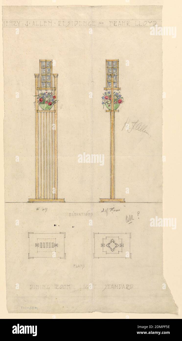 Dining Room Light Standard, Henry J. Allen Residence, Wichita, Kansas, Henry J. Allen, Elsie J. Nuzman (Mrs. Henry J.) Allen, Graphite, color pencil on cream tracing paper, Front and side colored view of standing lamp with rectangular frame and shade and planter in between frame and shade. Below colored drawing there are two elevations sketched in graphite., USA, 1917, lighting, Drawing Stock Photo