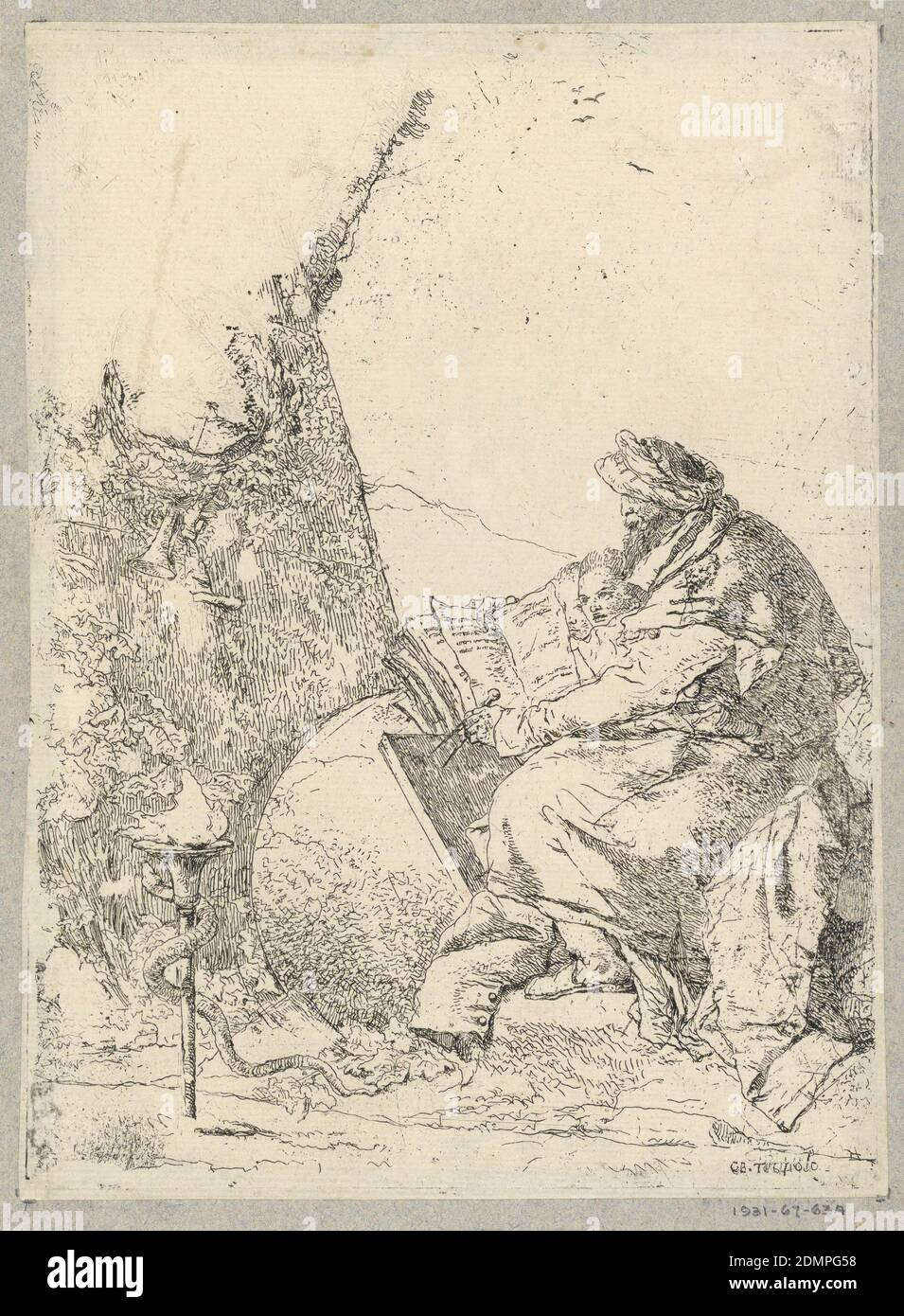 Seated Philosopher with Other Figures, plate 20 from the Scherzi di Fantasia, Giovanni Battista Tiepolo, Italian, 1692 - 1770, Etching on laid paper, First state, before the number, with the two heads which were later erased, Italy, 1750–1760, Print Stock Photo