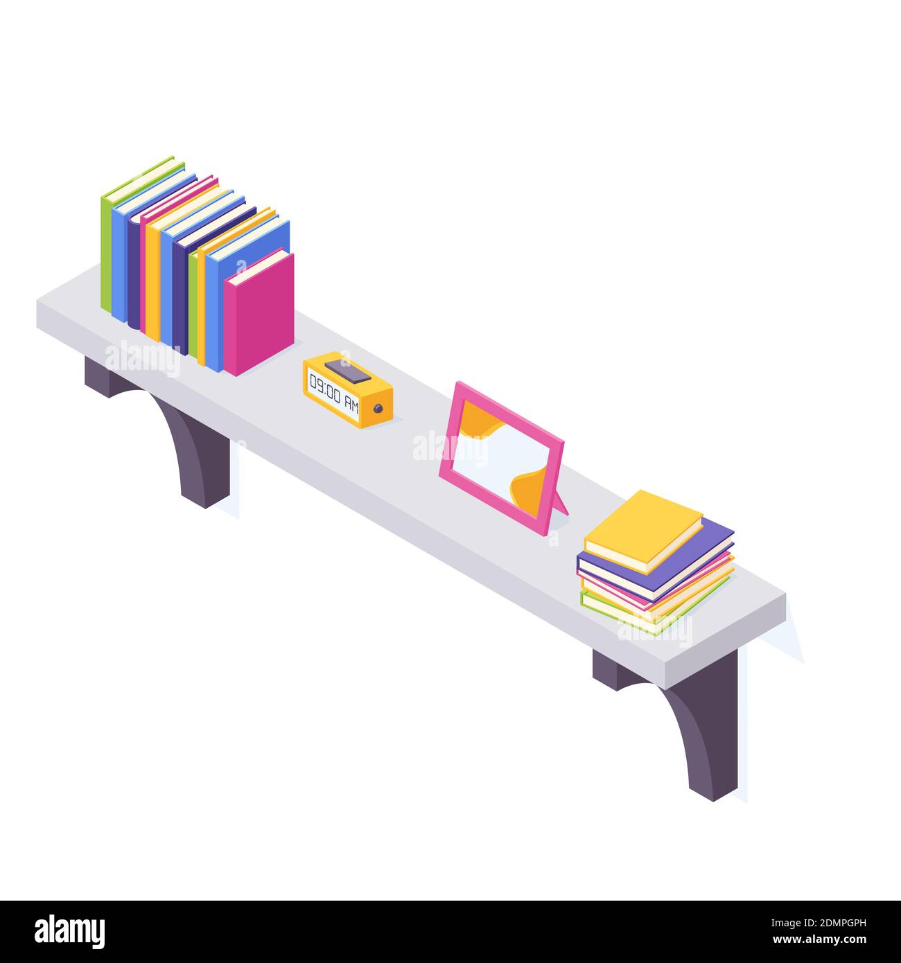 Books on shelf in isometric vector illustration. Stock Vector