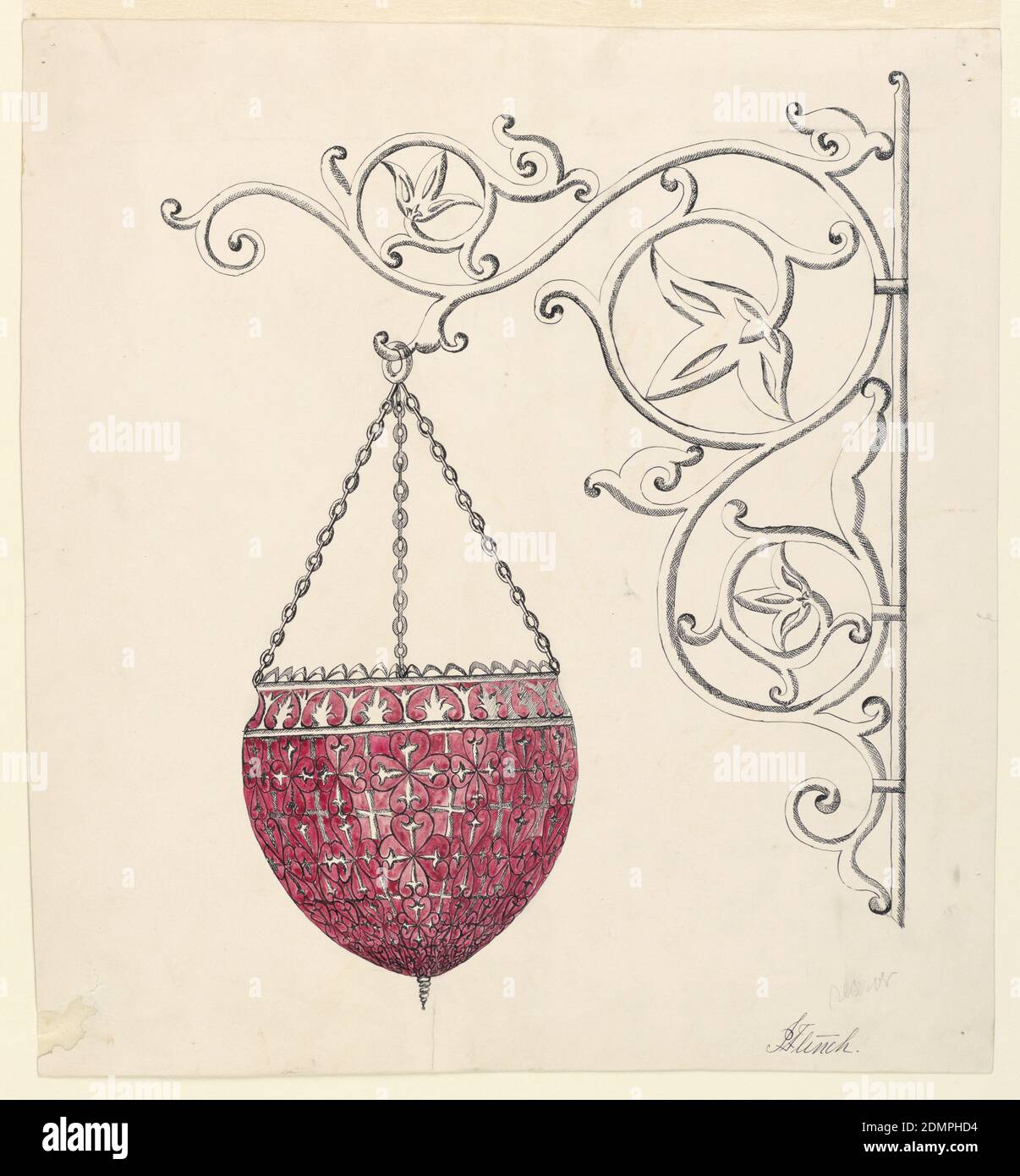 Design for a Wrought Iron Light Fixture, J. Flinch, Pen and ink, watercolor on Bristol board, Vertical rectangle. A hanging fixture, suspended from a wall-bracket., USA, ca. 1894, appliances & tools, Drawing Stock Photo