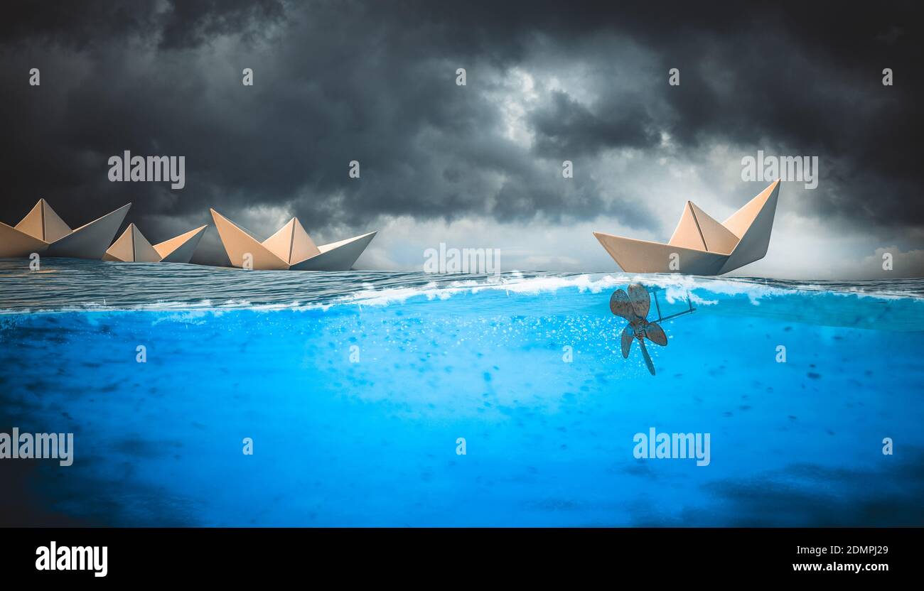 paper boats on the water, one has an engine and has an advantage over the others. 3d render Stock Photo