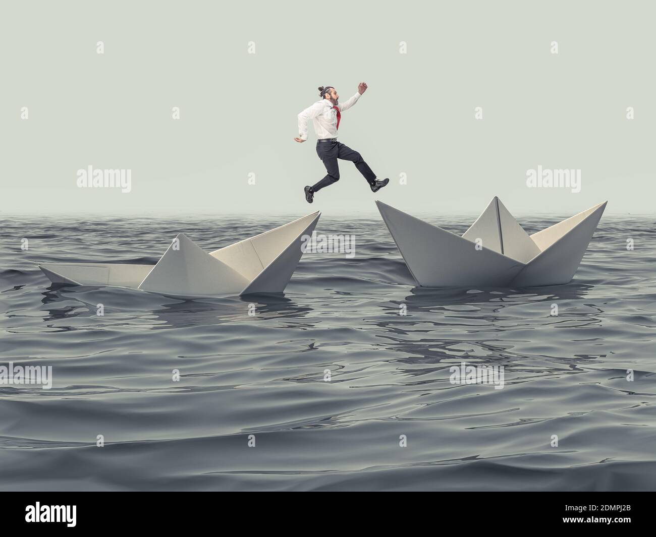 man jumps from a sinking paper boat to a floating one. 3d render. concept of opportunity and ability. Stock Photo