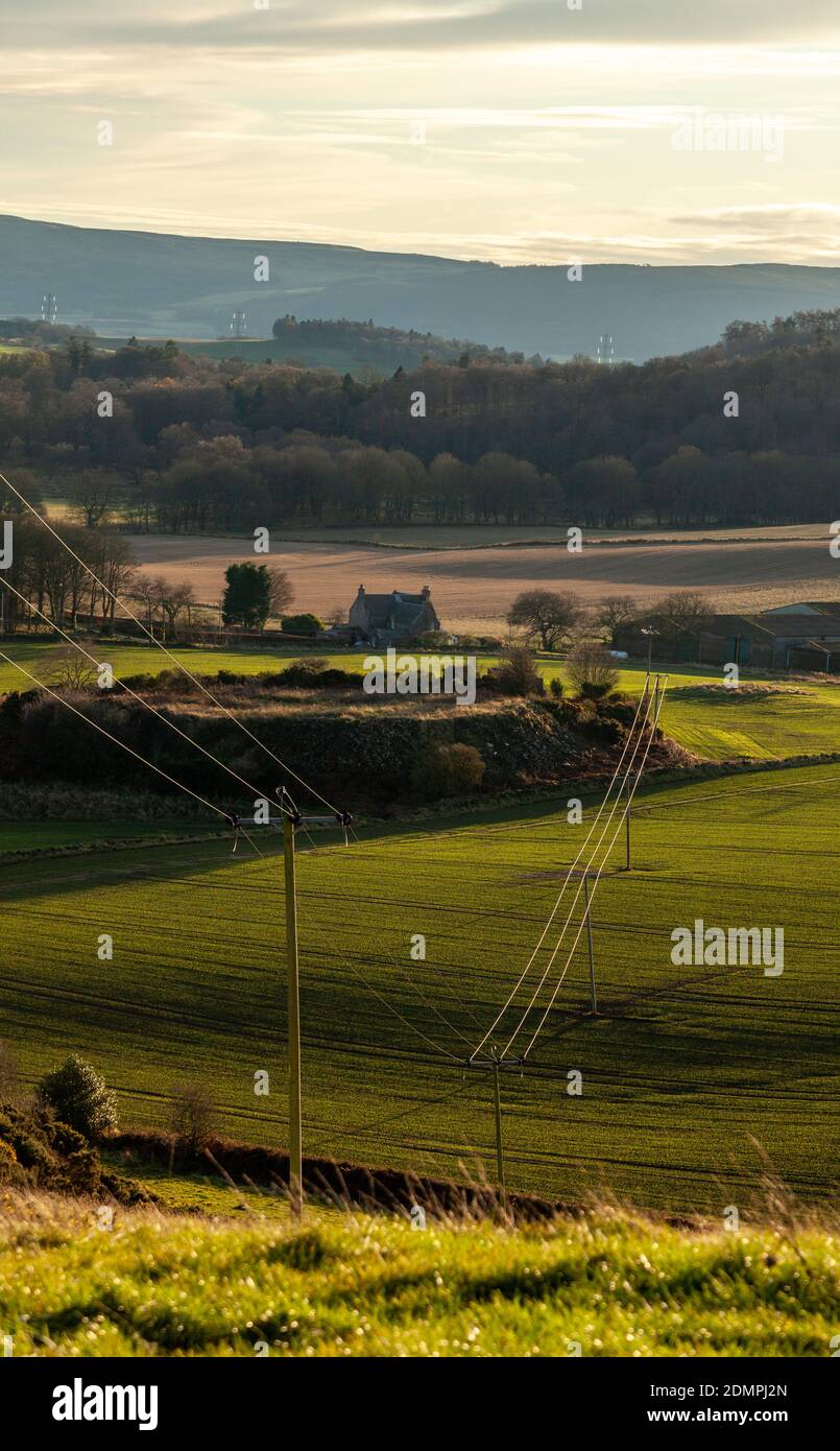 Telephone post and wires in a rural Fife landscape near Newburgh. Stock Photo