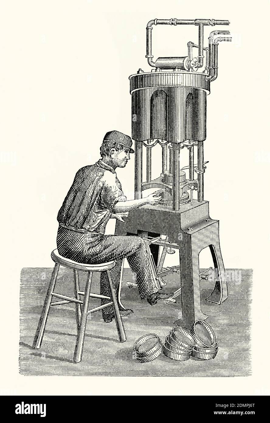 An old engraving of a worker operating a machine for shaping sheet metal in the 1800s. It is from a Victorian mechanical engineering book of the 1880s. Stamping or pressing is the process of placing flat sheet metal form onto a die (shaped metal mould) in a stamping press. Steam-powered, foot-operated pistons are operated, pressing down the flat sheet into the shaped die and into the form required. Here examples of finished, round tins lie on the ground. Stock Photo