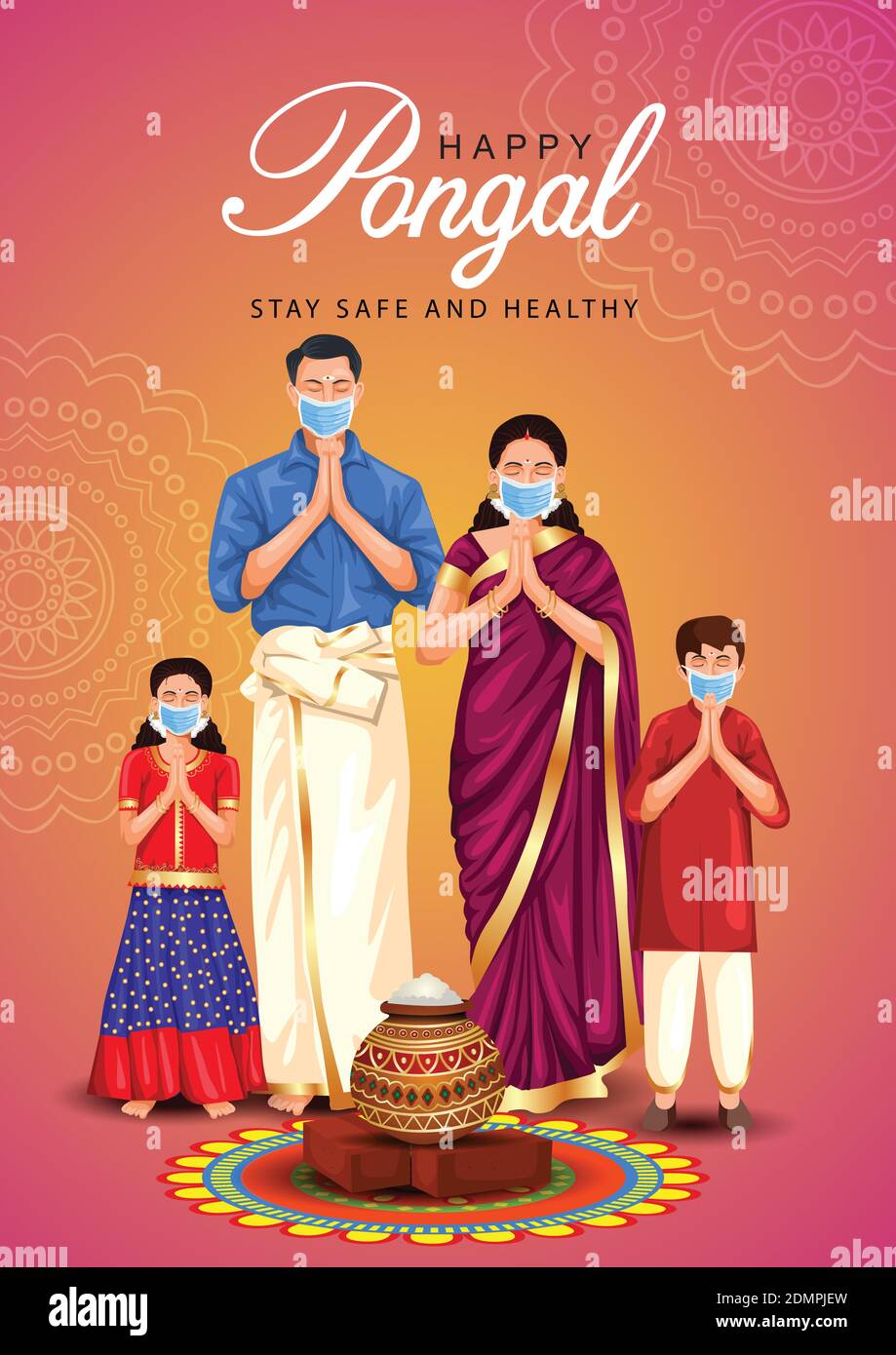 Happy Pongal celebration with Rangoli, pot and rice. Tamil family offering prayers. Indian cultural festival celebration concept vector illustration g Stock Vector
