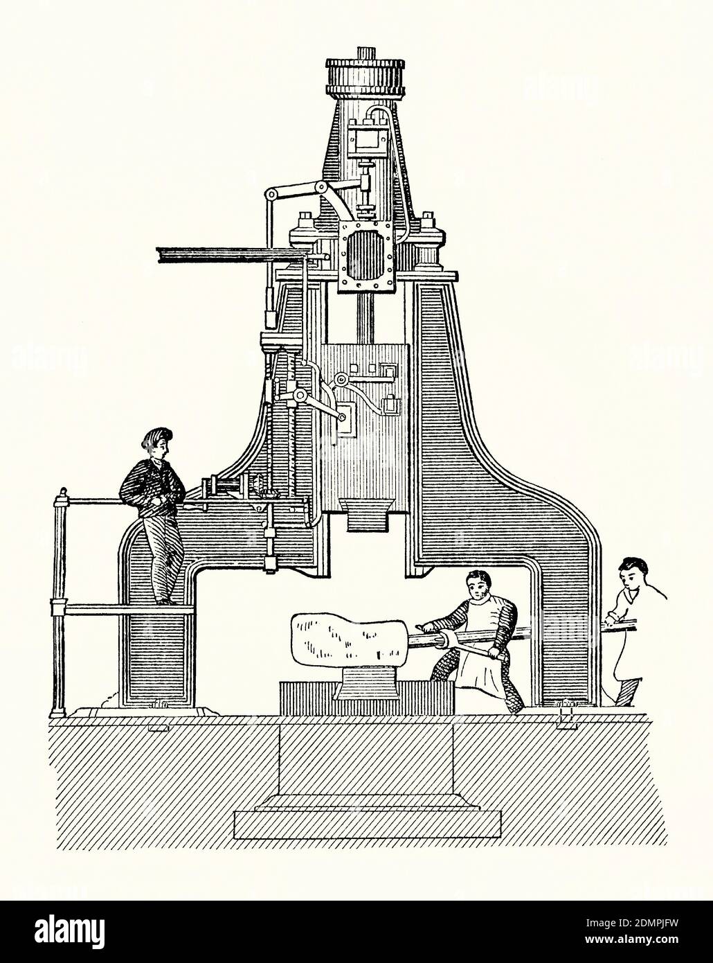 An old engraving of Nasmyth’s steam hammer c. 1850. It is from a Victorian mechanical engineering book of the 1880s. A steam hammer (or drop hammer) is an industrial power hammer used for shaping forgings. The hammer is usually attached to a piston that slides within a fixed cylinder. Here two men lift the hot iron into place on to the ‘anvil’ under the hammer. James Watt described the steam hammer in 1784, but it was 1840 when the first working steam hammer was built. In 1843 there was a dispute between François Bourdon of France and James Nasmyth of Britain over who had invented it. Stock Photo