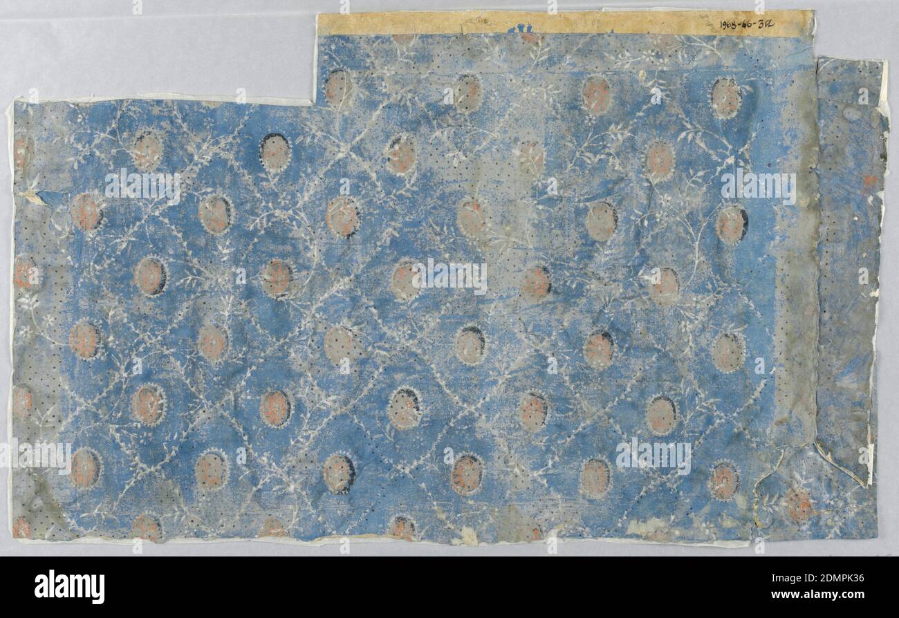 Sidewall, Block-printed on handmade paper, Printed over gray ground with black dots and white meandering vine, flowersof 1968-66-2, a bright blue ground, with small-scale pattern of white vine marking off diamond grid: in center of each diamond, an oval orange floral medallion., England, 1785–99, Wallcoverings, Sidewall Stock Photo
