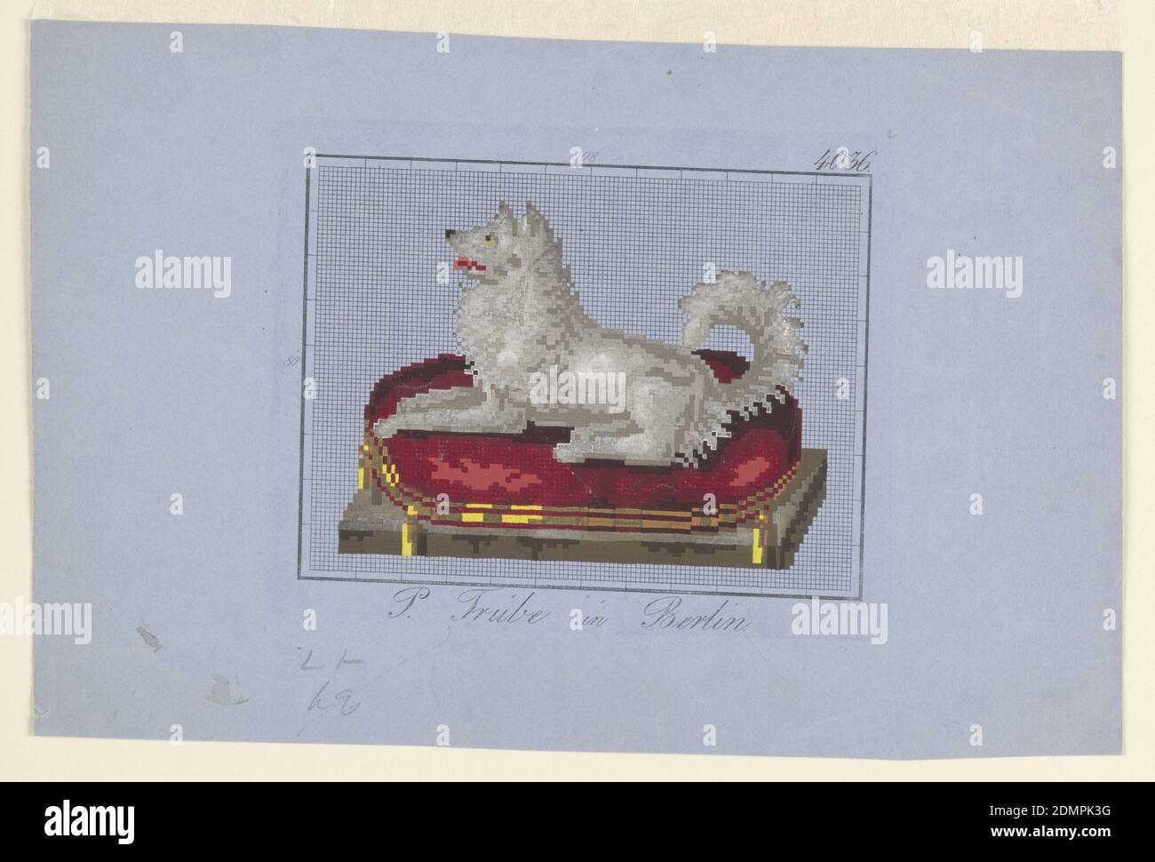 Design for Berlin Wool Work, Spitz, P. Trübe, Berlin, Germany, Brush and gouache over etching on blue-gray wove paper, Embroidery design featuring a white Spitz-type dog, seen in left profile, lying on a red cushion, trimmed with yellow tassels., Berlin, Germany, ca. 1850, textile designs, Drawing Stock Photo