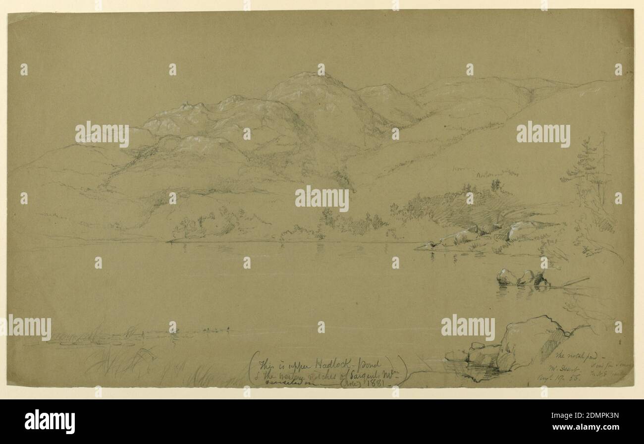 Landscape Sketch, Mount Desert, Maine, Daniel Huntington, American, 1816–1906, Black and white crayon, graphite on grey-brown paper, Pond in foreground and shore, right. Mountain beyond. Notation below with date., August 19, 1856, landscapes, Drawing Stock Photo