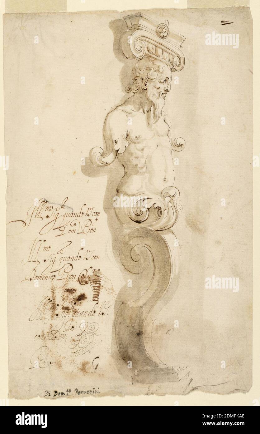Project for a Herm, Pen and ink, brush and grey-brown watercolor on laid paper., Vertical rectangle. Half-figure of a bearded man with an Ionic capital turned toward right. Base is a volute., Italy, 1725-50, architecture, Drawing Stock Photo