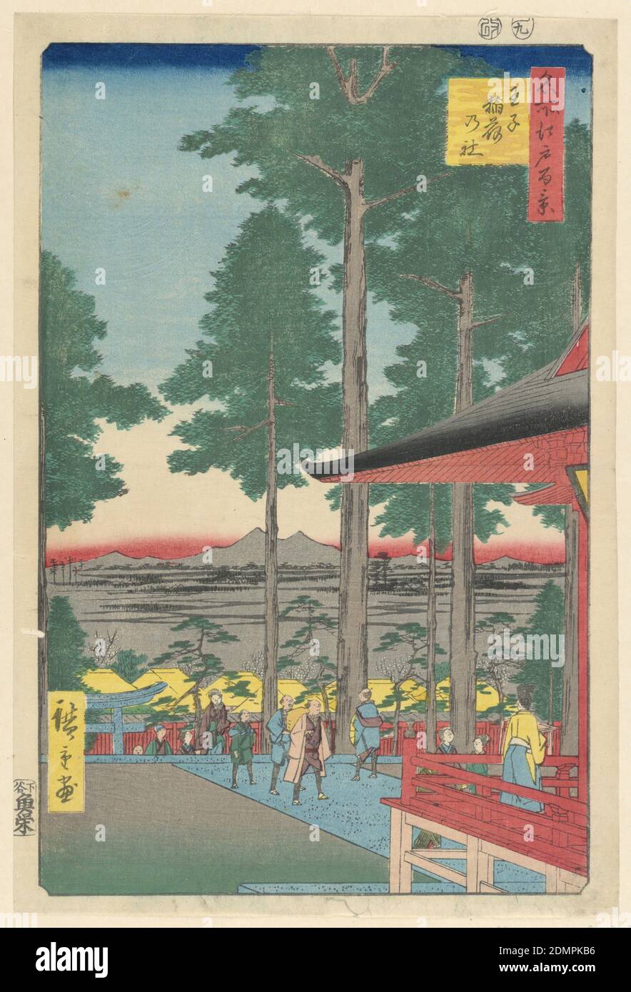 Inari Shrine at Oji (Oji Inari no yashiro) From the Series One Hundred Famous views of Edo, Ando Hiroshige, Japanese, 1797–1858, Woodblock print in colored ink on paper, The Oji Inari Shrine was the oldest shrine in the Kanto district. The village of Oji dedicated the shrine to the rice deity Inari. Every autumn farmers and pilgrims would visit to pay homage for a good harvest. During the New Year, they would wish for health and prosperity. Inari was one of the most popular deities. His shrines were often guarded by a pair of foxes, (kitsune) Stock Photo
