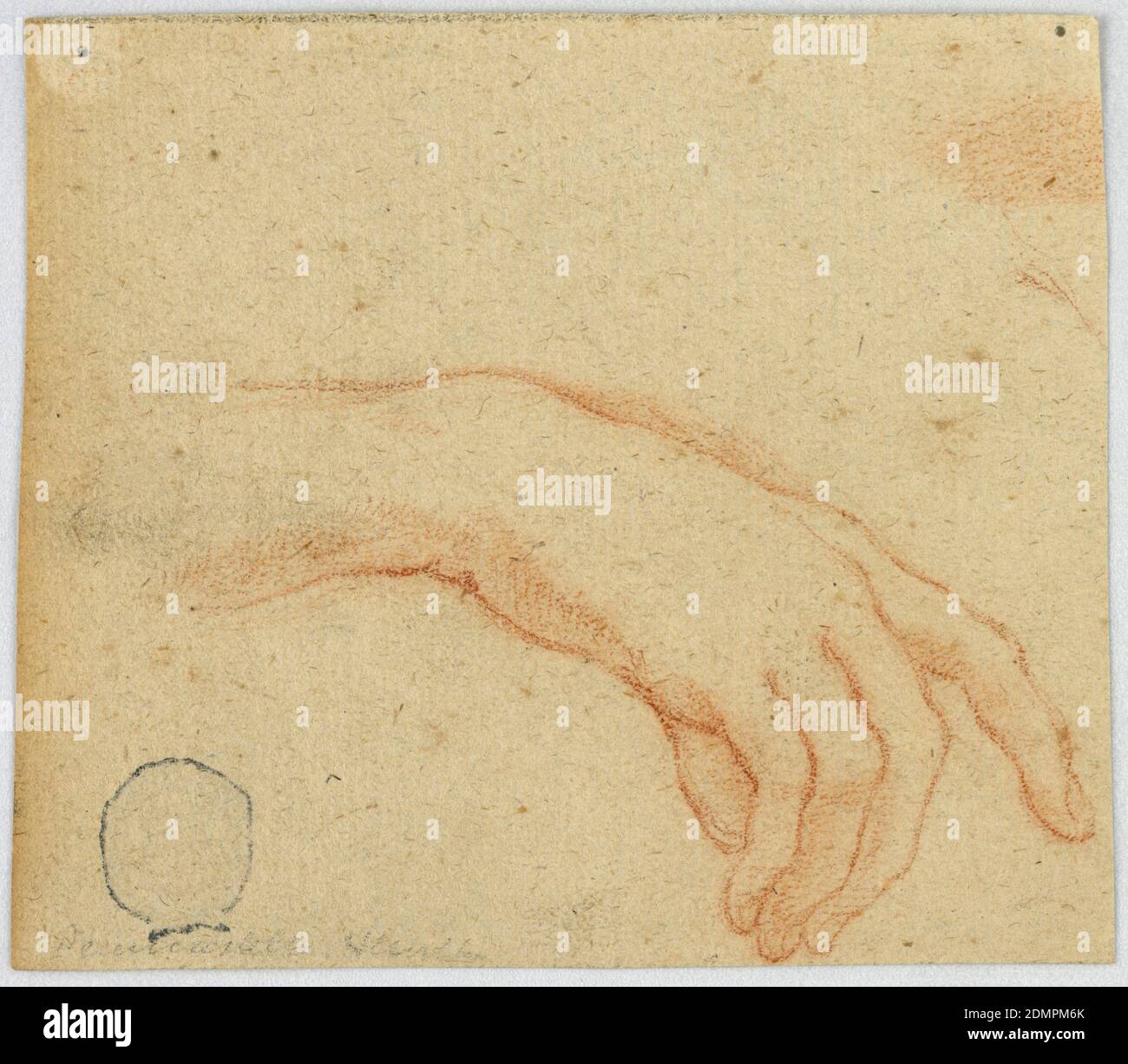 Sketch of a Right Hand, Red crayon on brown paper, Sketch of right hand curving downward with index finger slightly extended., Italy, early 18th century, figures, Drawing Stock Photo