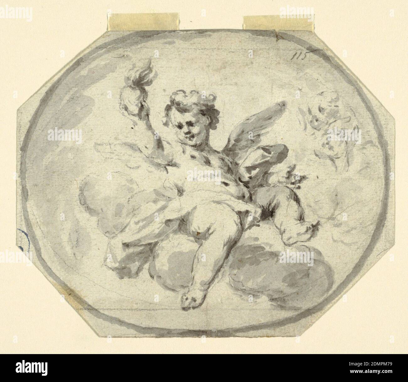 Design for a Painted Ceiling, Francesco Saverio Mergolo, Italian, 1746–1786, Brush and black wash, black chalk on paper, Octagonal. A cupid sits upon clouds, raising with his right hand a burning heart. At right are two heads of cupis. Framed as a horzontal ovoid. Squared. On verso are accountings, Italy, 1770–1800, figures, Drawing Stock Photo