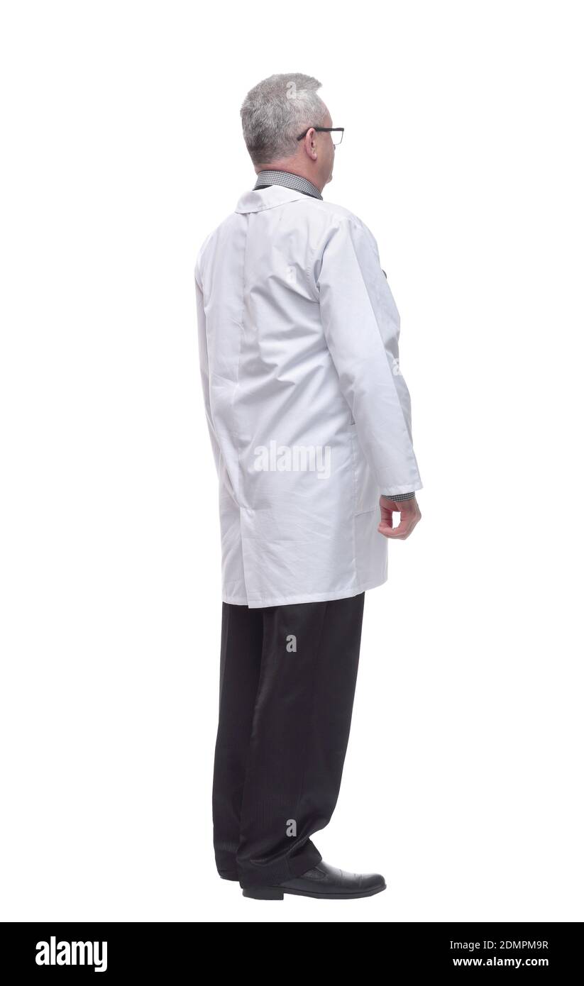 Rear view of medical doctor, man standing back wear doctors lab white