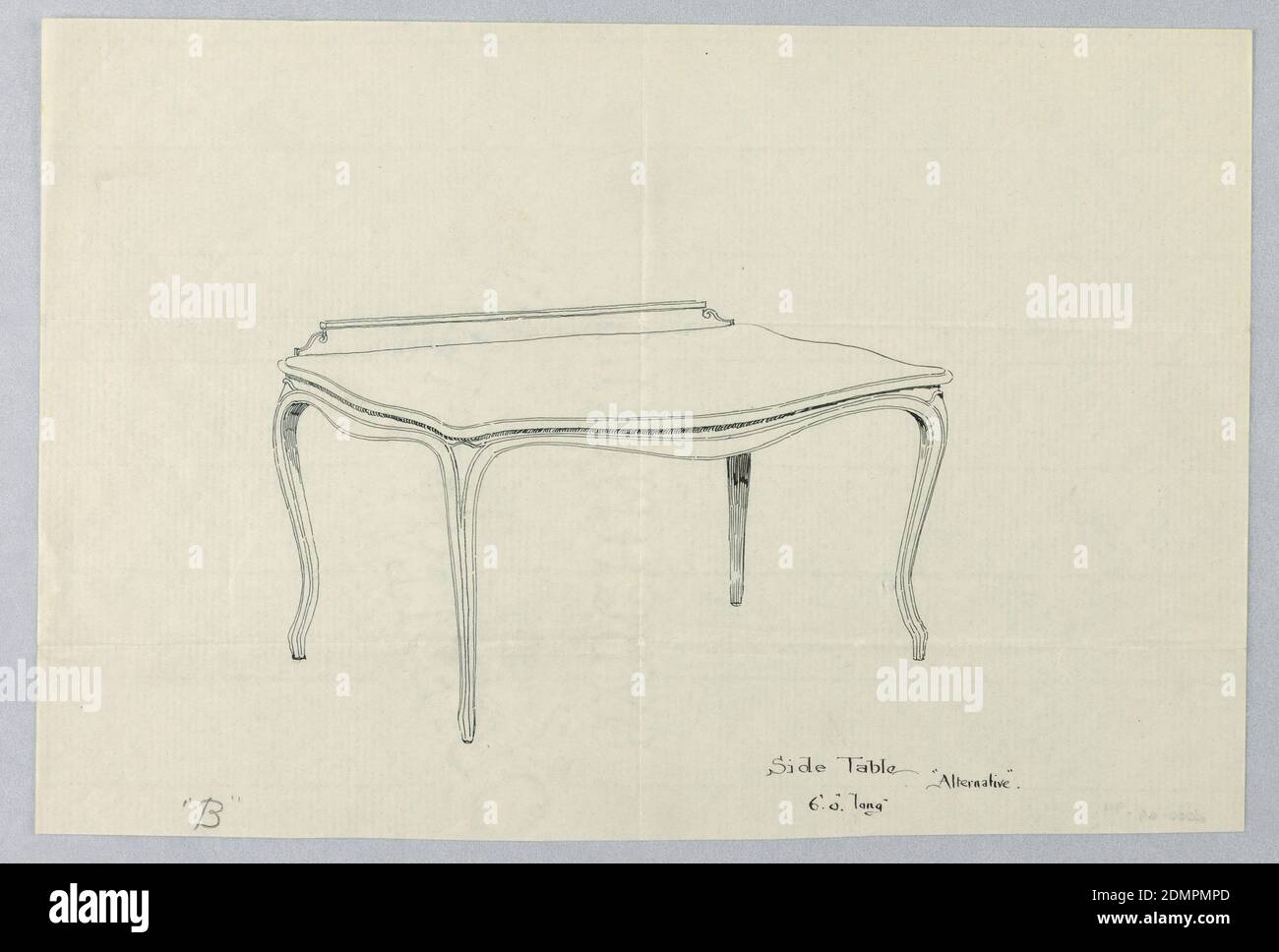Variant Design for Side Serving Table with Cabriole Legs, A.N. Davenport Co., Pen and black ink on thin, cream paper, Alternative to -.96: Table surface with curved skirting supported by four cabriole legs., 1900–05, furniture, Drawing Stock Photo