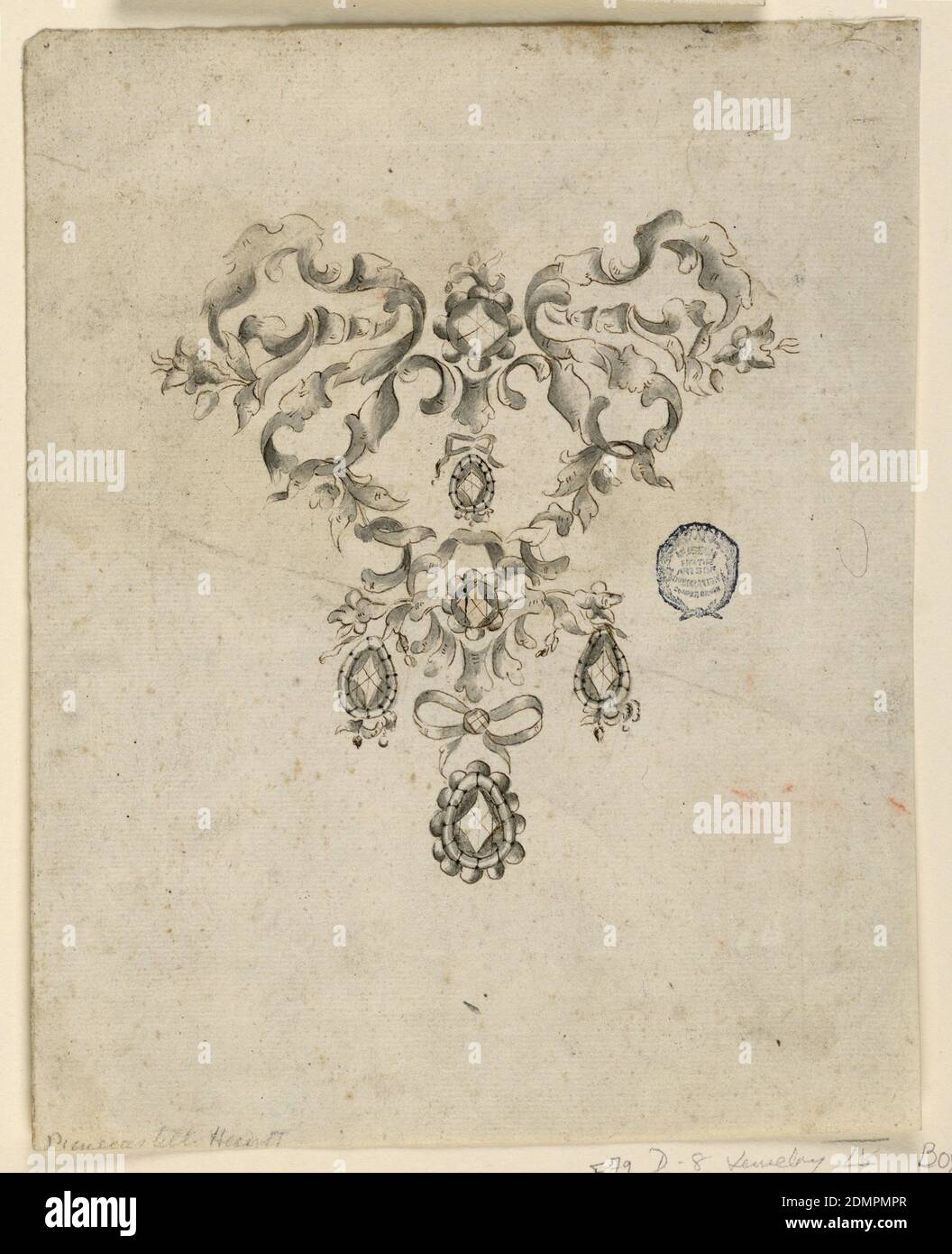 Project for a Brooch, Pen and ink, brush and watercolor, sepia on paper, Ribbons composed of leaves adn volutes, form a kind of heart, with four drops of diamonds and two blossoms of diamonds., Italy, 1750–1775, jewelry, Drawing Stock Photo