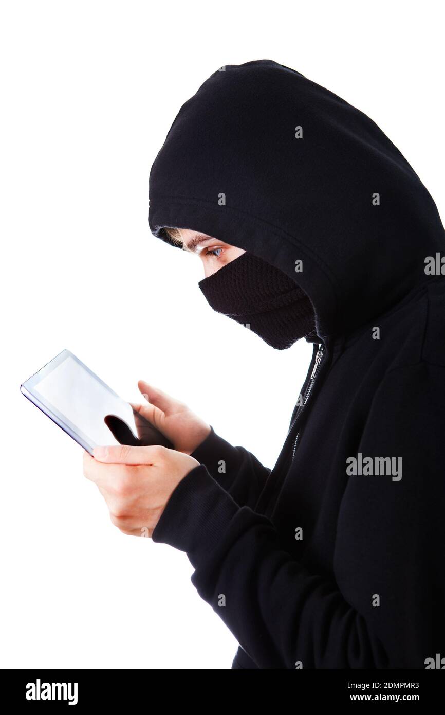 Hacker with a Tablet Computer on the White Background Stock Photo
