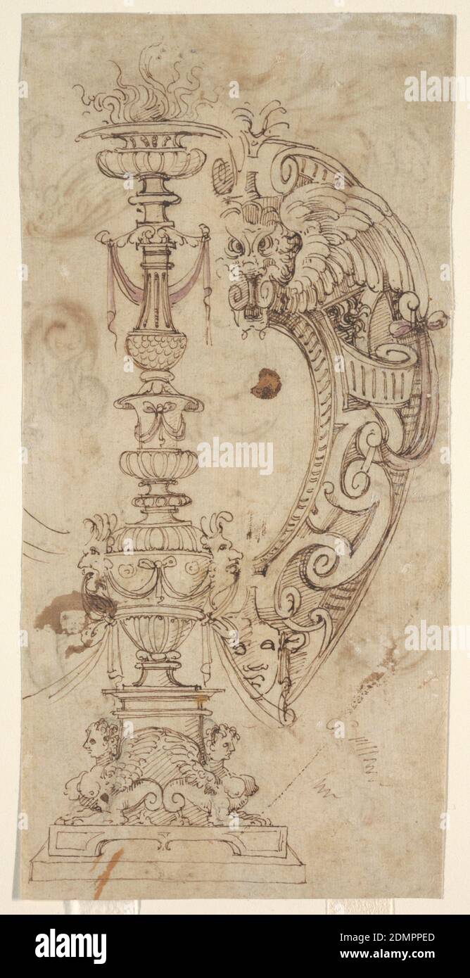 Design for Candelabrum Motif and Strapwork Escutcheon, Pen and brown ink, black chalk, brush and violet watercolor on off-white laid paper, A smoking baluster candelabra decorated with masks, swags and sphinxes. At right, strapwork with masks forms the right portion of an escutcheon., Italy, ca. 1560, lighting, Drawing Stock Photo