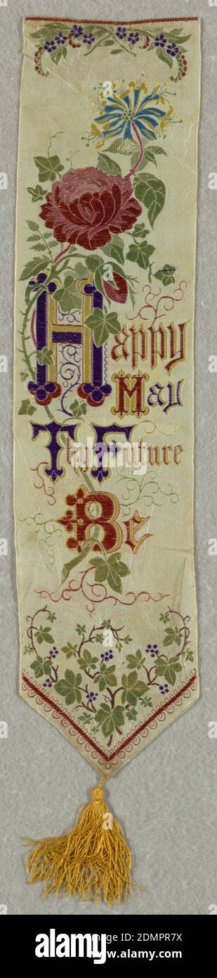 Happy May Thy Future Be, Thomas Stevens, (English, 1828–1888), Medium: silk Technique: jacquard woven, White ribbon with a spray of roses, lilies and curling vines of ivy entwined within the words 'Happy May Thy Future Be.' Finished at the bottom with yellow tassel., Coventry, England, 1870, woven textiles, Bookmark, Bookmark Stock Photo