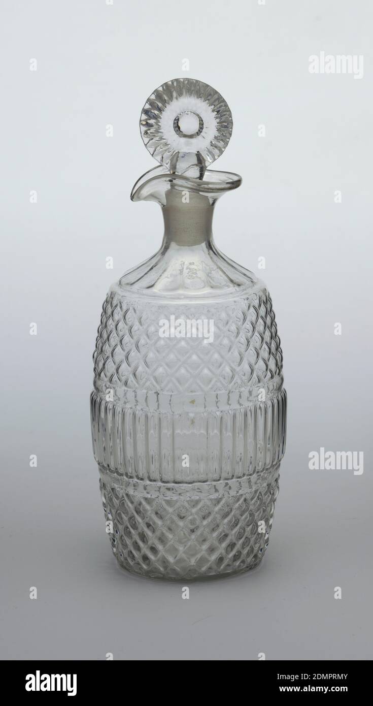 Decanter with Diamond Pattern, Glass, 3-part molded blown, barrel-shaped body. Central band of vertical flutes, diamond pattern above and below, fluted shoulder to neck everted slip with pouring spout, molded fluted bulls-eye stopper., Ireland, ca. 1820–30, glasswares, Decorative Arts, decanter, decanter Stock Photo