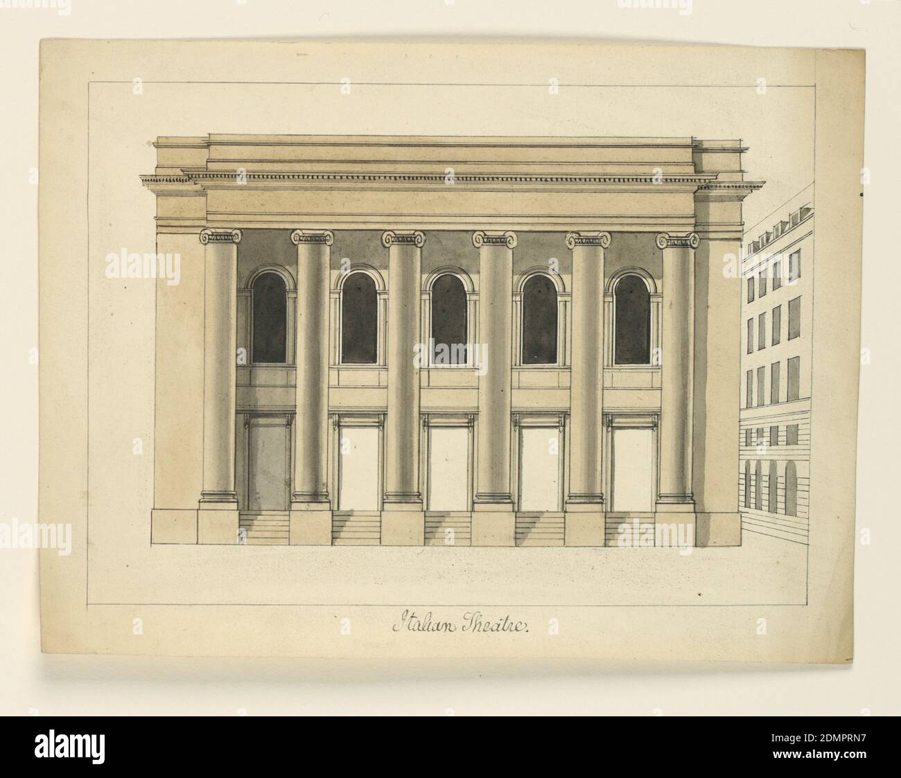 Elevation of the Théatre Royal des Italiens, Paris, Cesare Recanatini, Italian, 1823–1893, Pen and ink with gray and sepia washes on cream-colored paper, Horizontal rectangle. Two-storied building with a six-columned Ionic portico of double order running full length of the facade., Italy, ca. 1850, architecture, Drawing Stock Photo